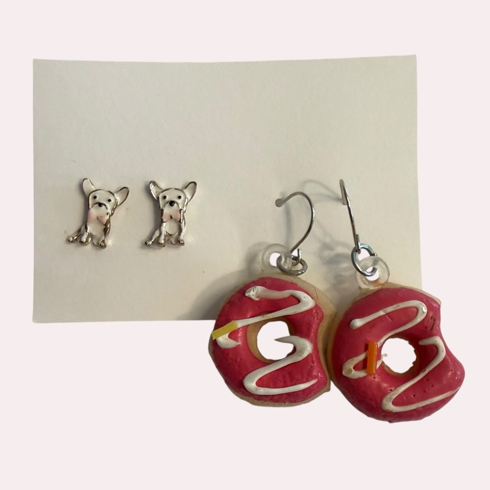 Set of 2 Pairs of Earrings Pink Squishy Donuts & White Dog with Pink Bow